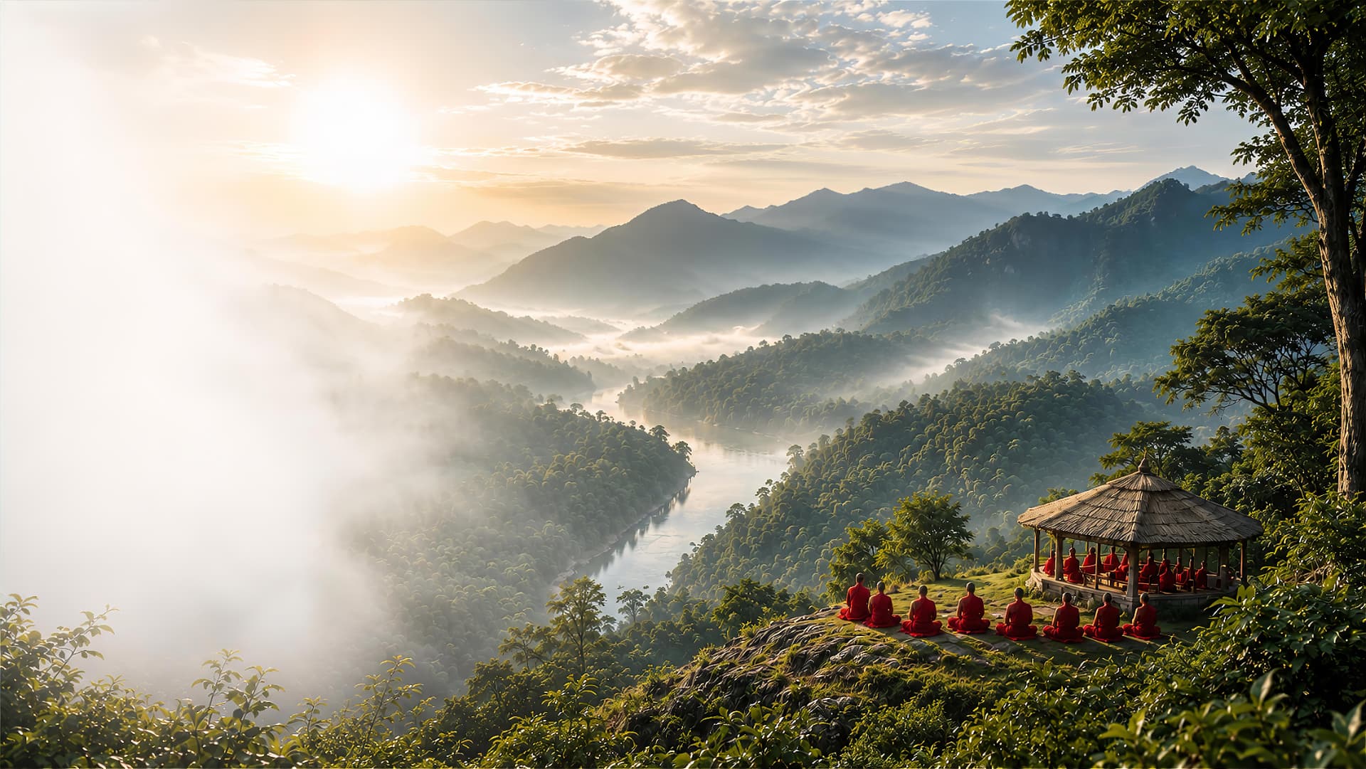 A person meditating on a hilltop at sunrise above misty mountain valleys